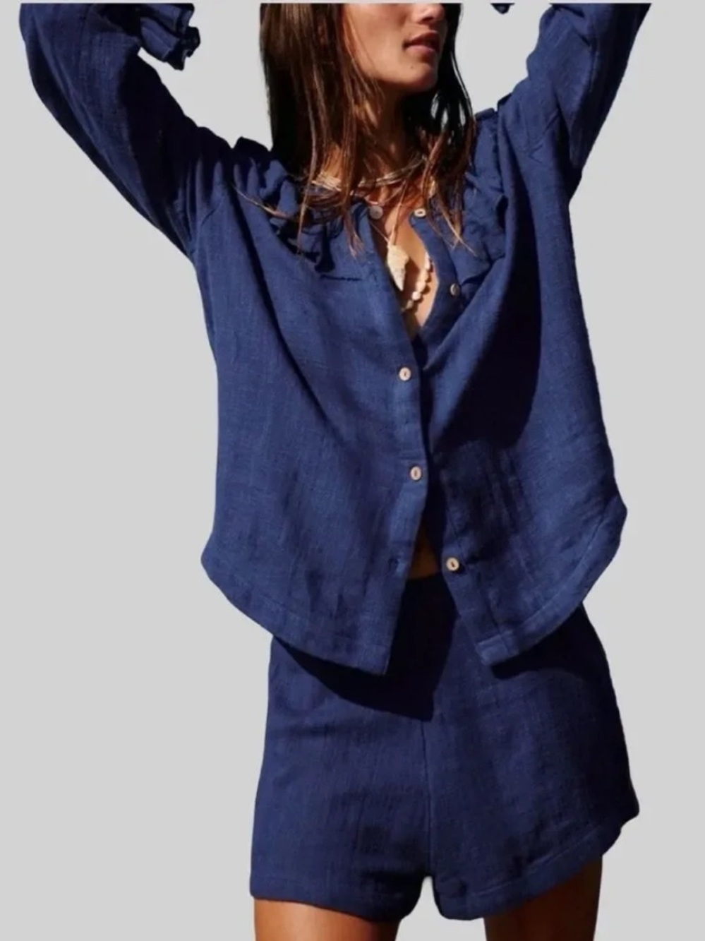 Free People Free-est Summer Vibes Ruffle Neck Button-Down Top Navy Peony Large - Picture 14 of 16